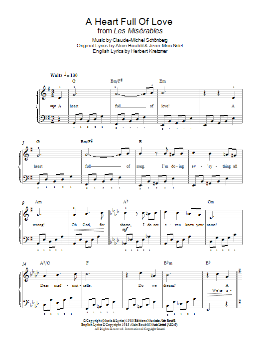 Boublil and Schonberg A Heart Full Of Love (from Les Miserables) sheet music notes and chords arranged for Easy Piano