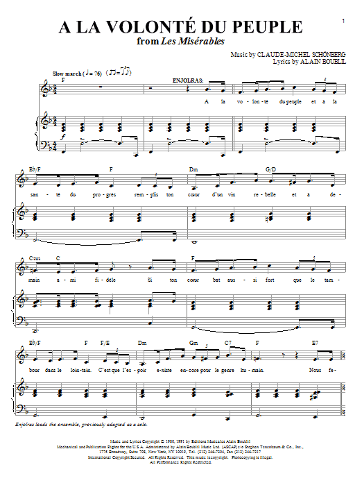 Boublil and Schonberg A La Volonte Du Peuple sheet music notes and chords arranged for Piano & Vocal