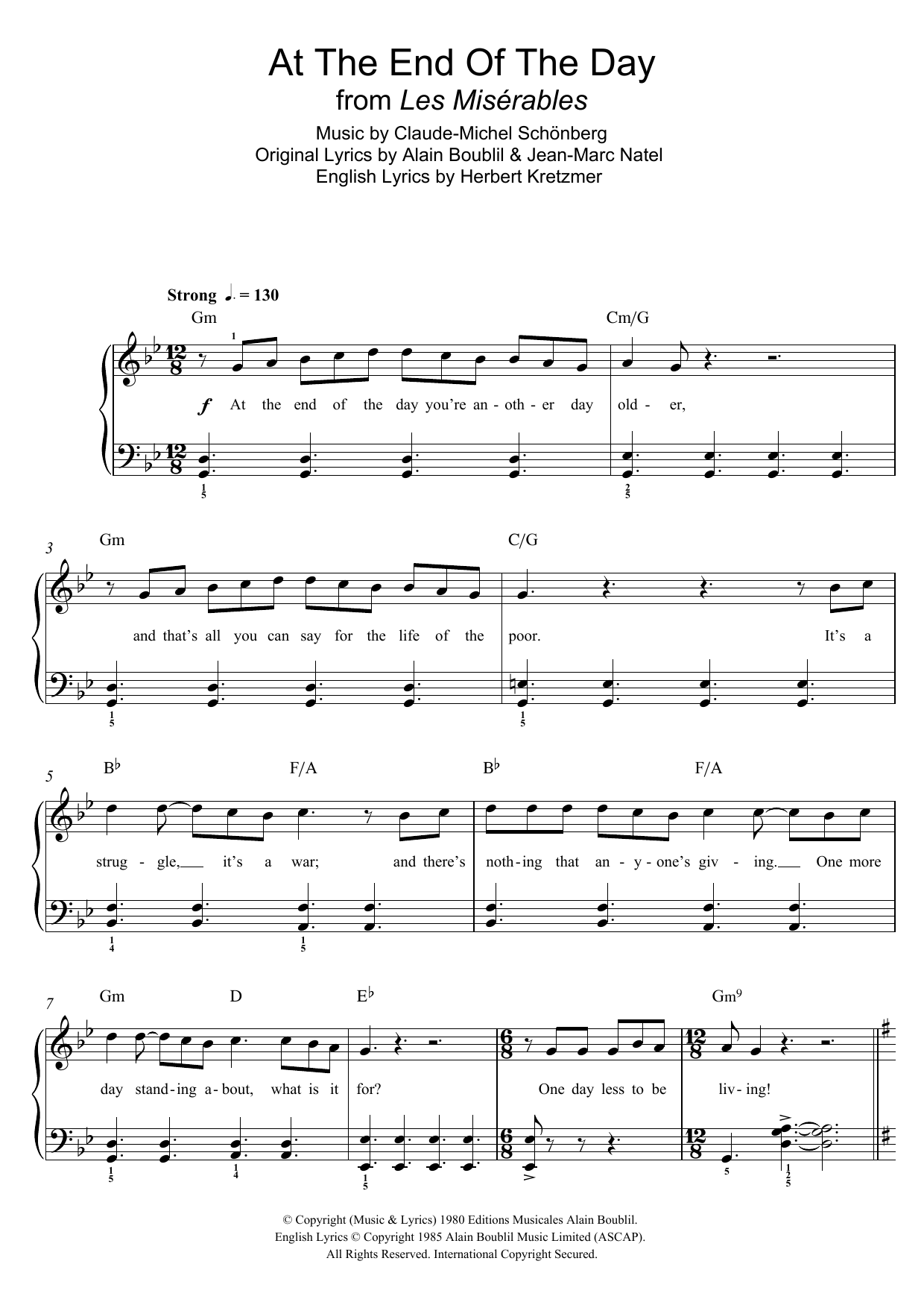 Boublil and Schonberg At The End Of The Day (from Les Miserables) sheet music notes and chords arranged for Beginner Piano