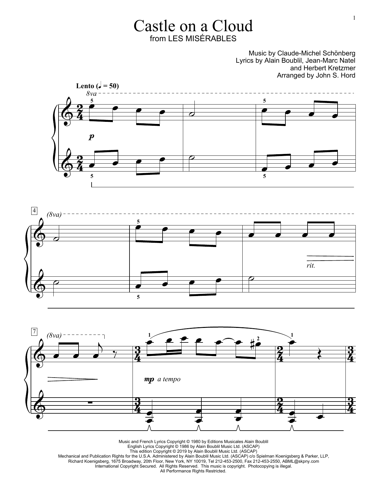 Boublil and Schonberg Castle On A Cloud (from Les Miserables) (arr. John S. Hord) sheet music notes and chords arranged for Educational Piano