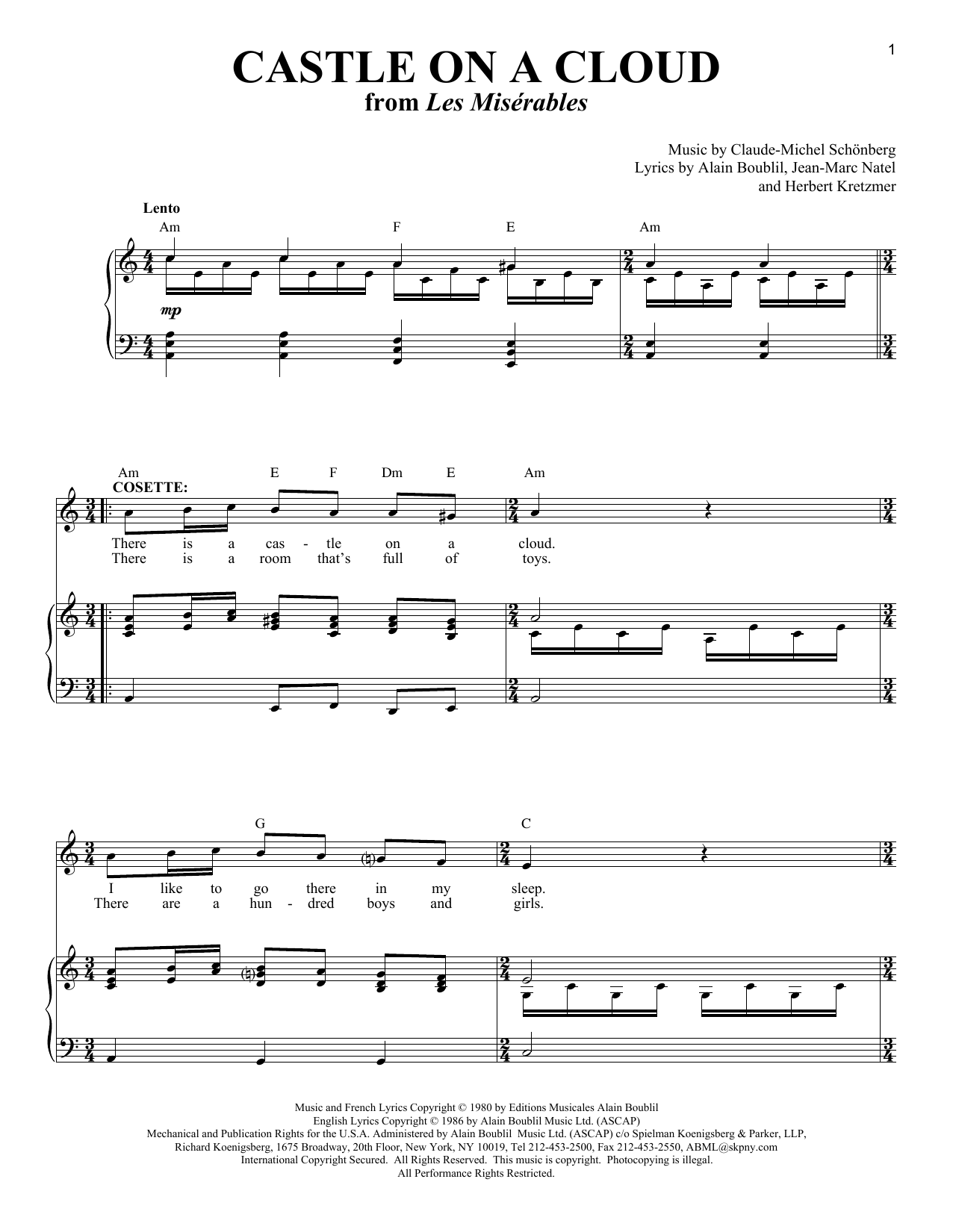 Boublil and Schonberg Castle On A Cloud sheet music notes and chords arranged for Piano & Vocal