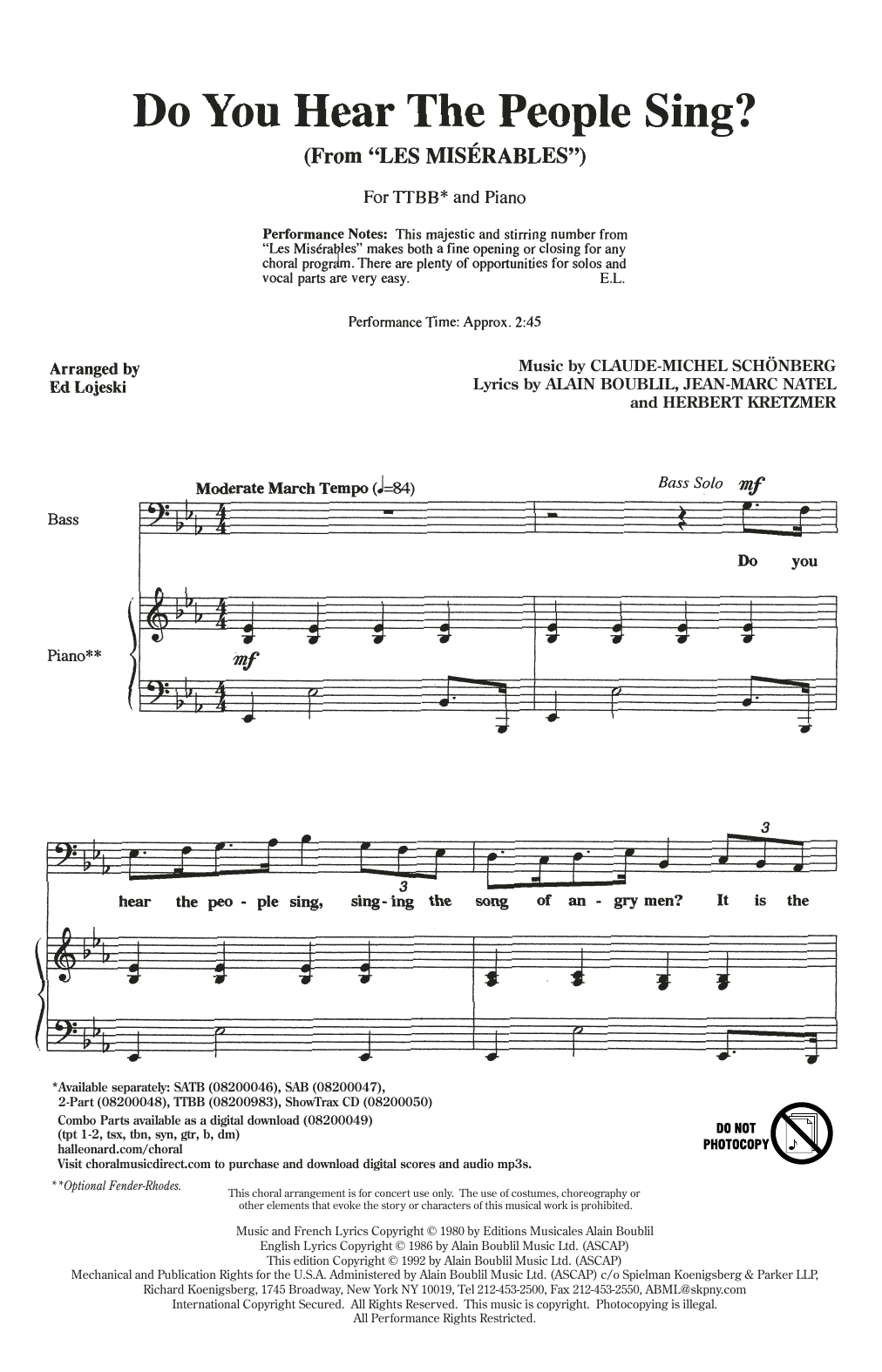 Boublil and Schonberg Do You Hear The People Sing? (from Les Miserables) (arr. Ed Lojeski) sheet music notes and chords arranged for TTBB Choir