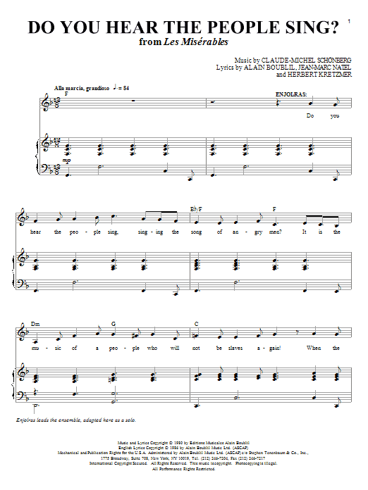 Boublil and Schonberg Do You Hear The People Sing? sheet music notes and chords arranged for Piano & Vocal