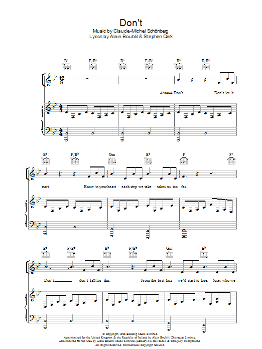 Boublil and Schonberg Don't (from Martin Guerre) sheet music notes and chords arranged for Piano, Vocal & Guitar Chords