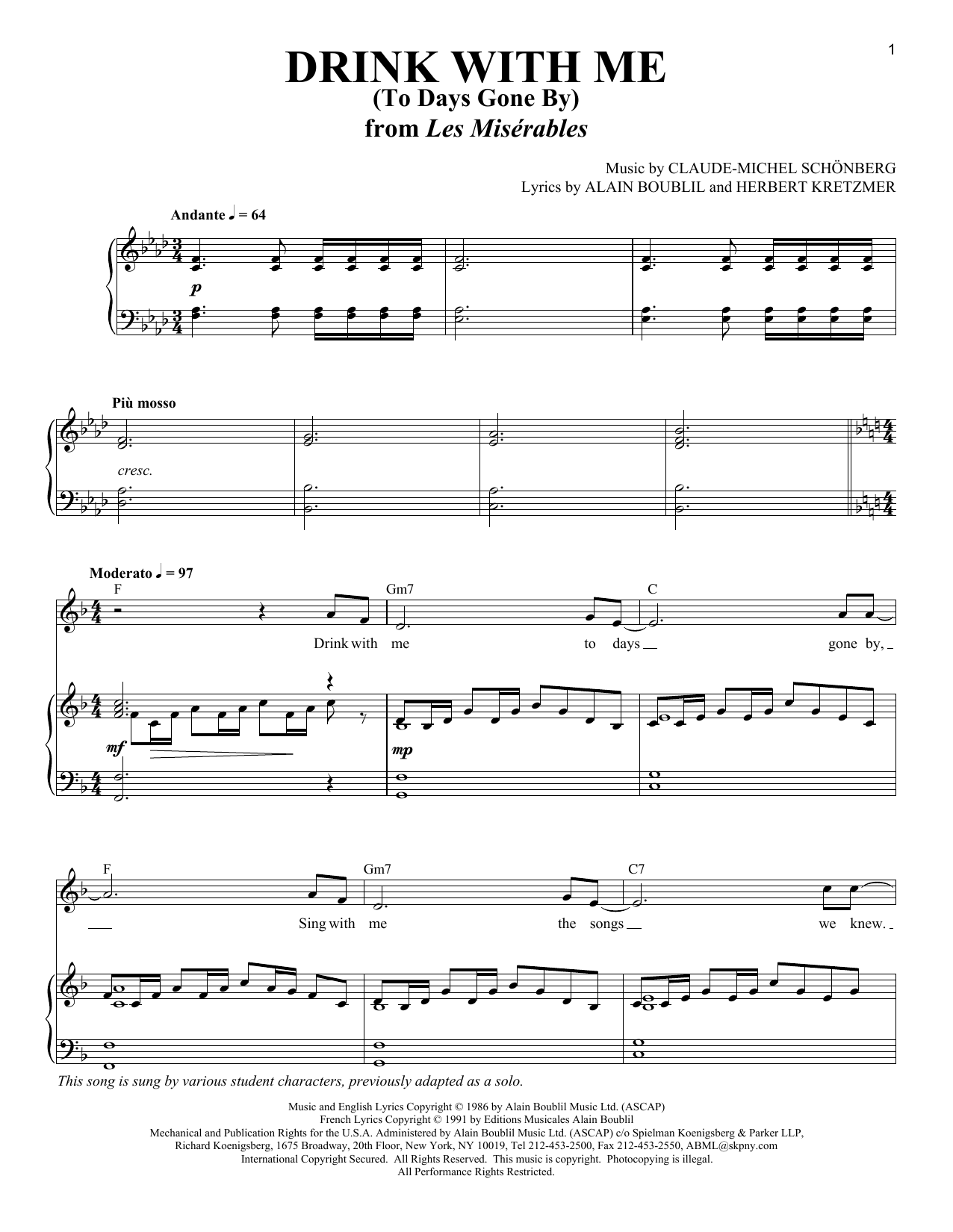 Boublil and Schonberg Drink With Me (To Days Gone By) sheet music notes and chords arranged for Piano & Vocal