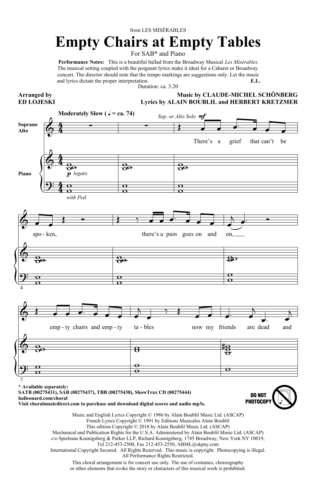 Boublil and Schonberg Empty Chairs At Empty Tables (from Les Miserables) (arr. Ed Lojeski) sheet music notes and chords arranged for SAB Choir