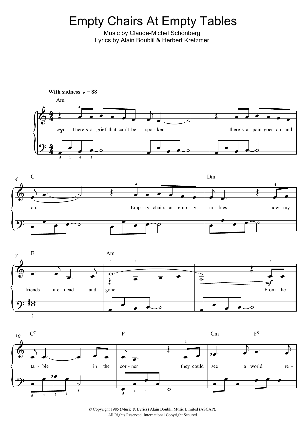 Boublil and Schonberg Empty Chairs At Empty Tables (from Les Miserables) sheet music notes and chords arranged for Clarinet and Piano