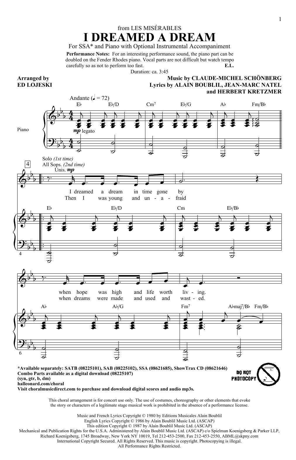 Boublil and Schonberg I Dreamed A Dream (from Les Miserables) (arr. Ed Lojeski) sheet music notes and chords arranged for SSA Choir