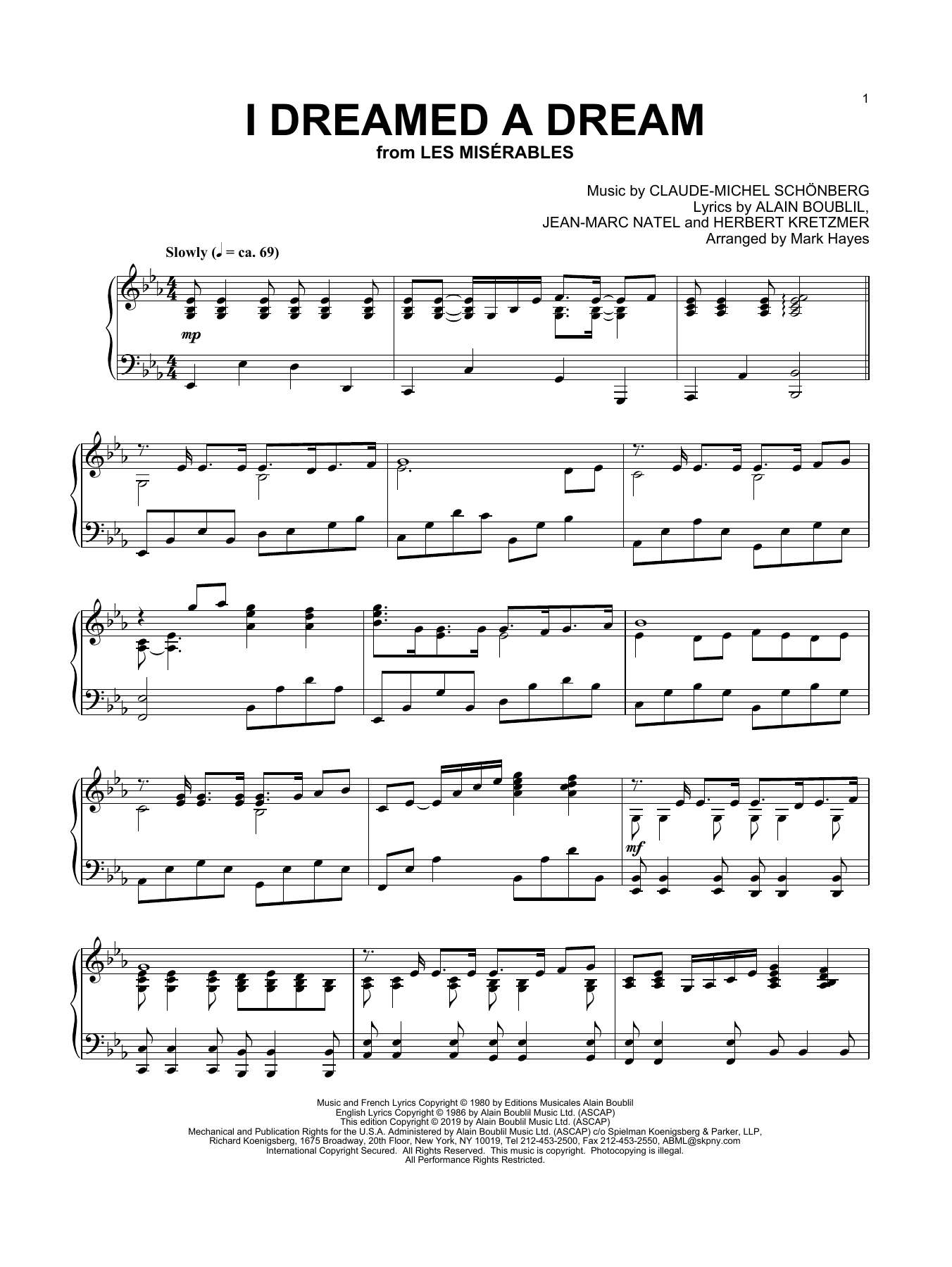 Boublil and Schonberg I Dreamed A Dream (from Les Miserables) (arr. Mark Hayes) sheet music notes and chords arranged for Piano Solo
