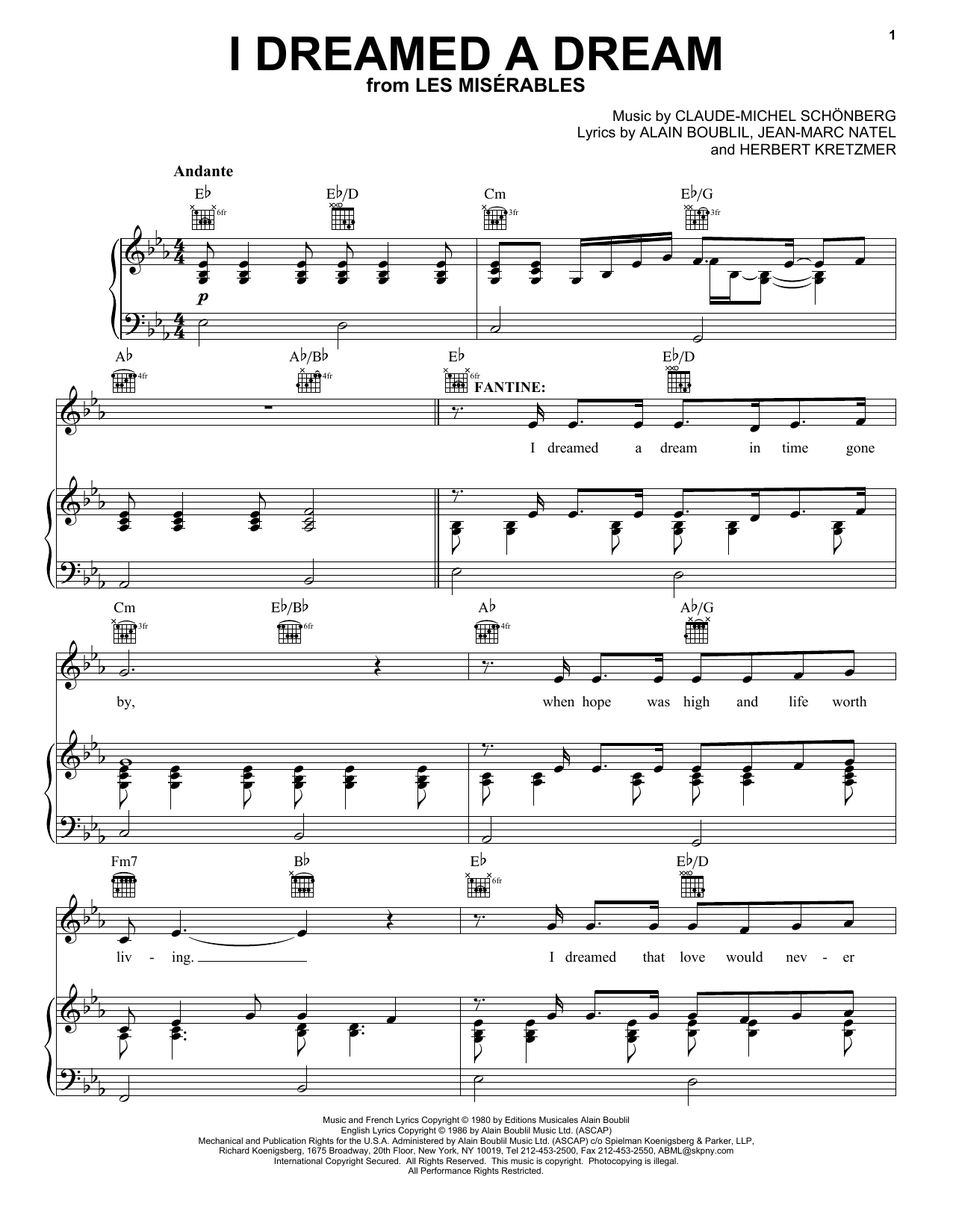 Boublil and Schonberg I Dreamed A Dream (from Les Miserables) sheet music notes and chords arranged for Super Easy Piano
