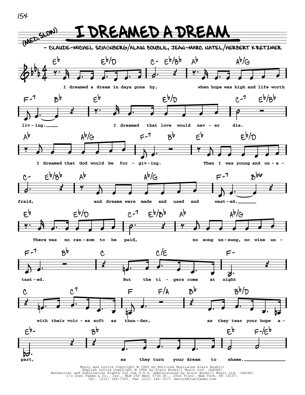 Boublil and Schonberg I Dreamed A Dream (Low Voice) (from Les Miserables) sheet music notes and chords arranged for Real Book – Melody, Lyrics & Chords