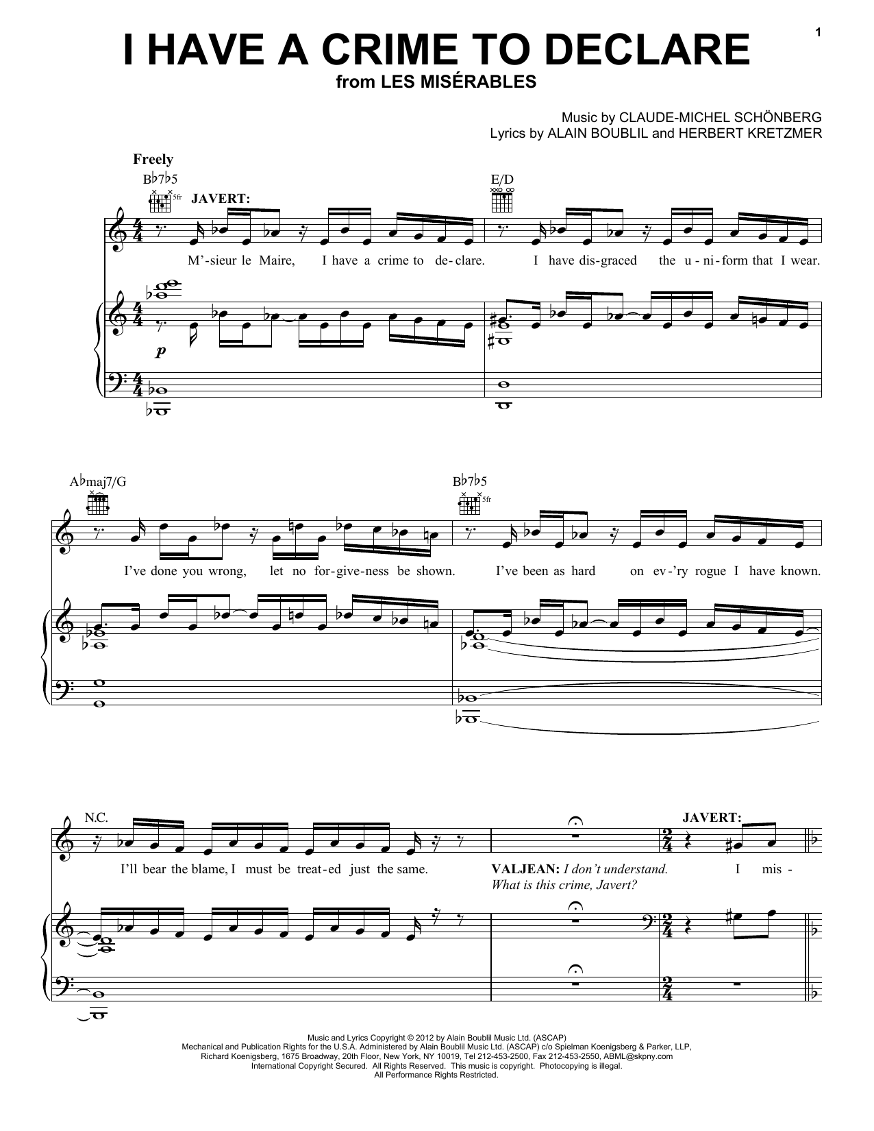 Boublil and Schonberg I Have A Crime To Declare (from Les Miserables) sheet music notes and chords arranged for Ukulele