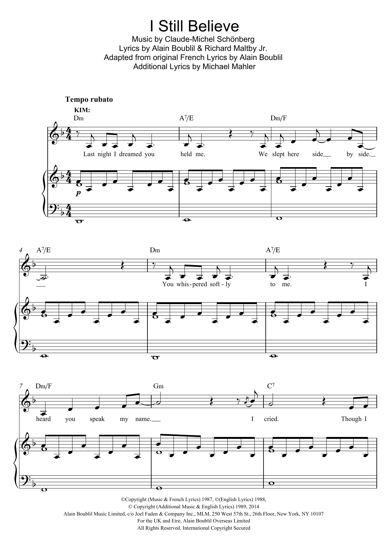 Boublil and Schonberg I Still Believe (from Miss Saigon) sheet music notes and chords arranged for Piano, Vocal & Guitar Chords (Right-Hand Melody)