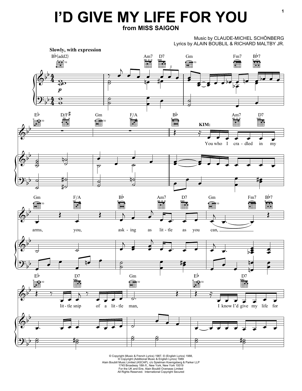 Boublil and Schonberg I'd Give My Life For You (from Miss Saigon) sheet music notes and chords arranged for Piano & Vocal