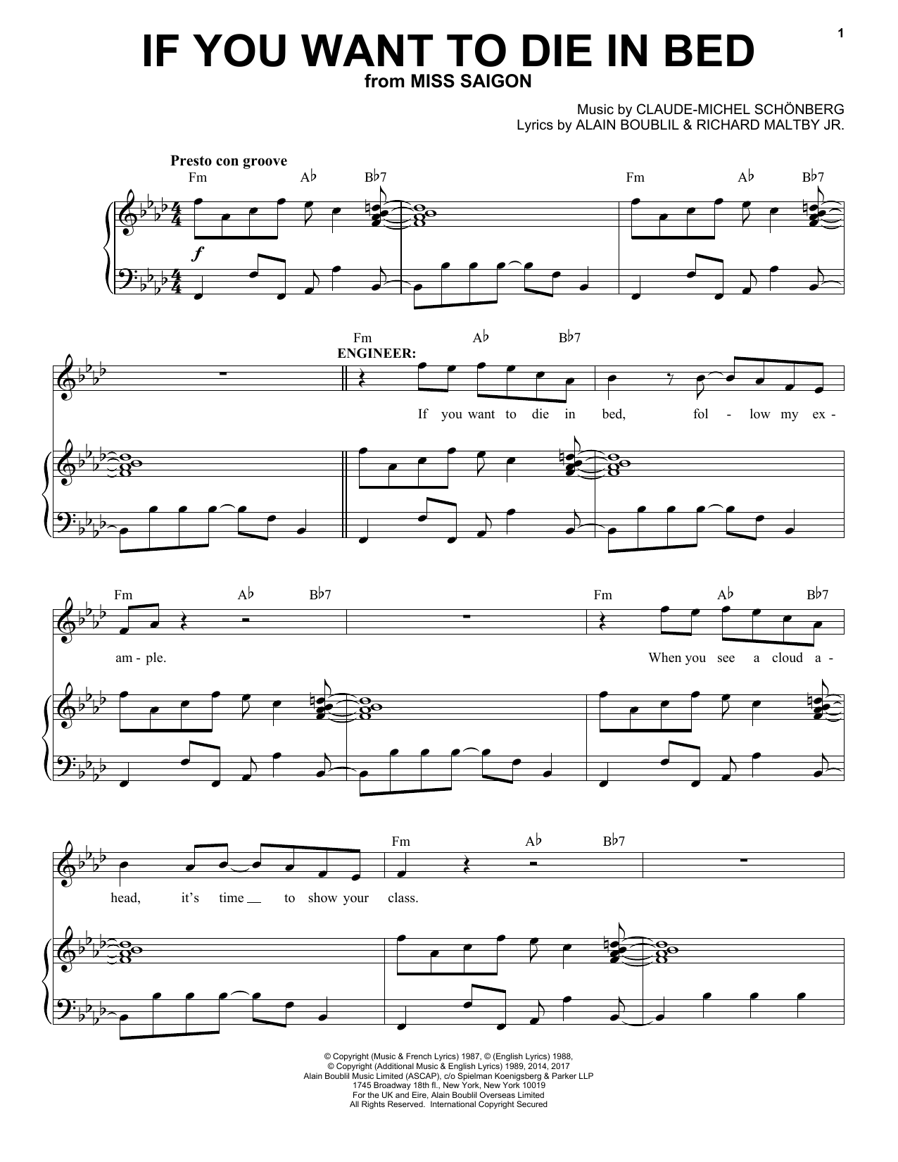 Boublil and Schonberg If You Want To Die In Bed (from Miss Saigon) sheet music notes and chords arranged for Piano, Vocal & Guitar Chords (Right-Hand Melody)