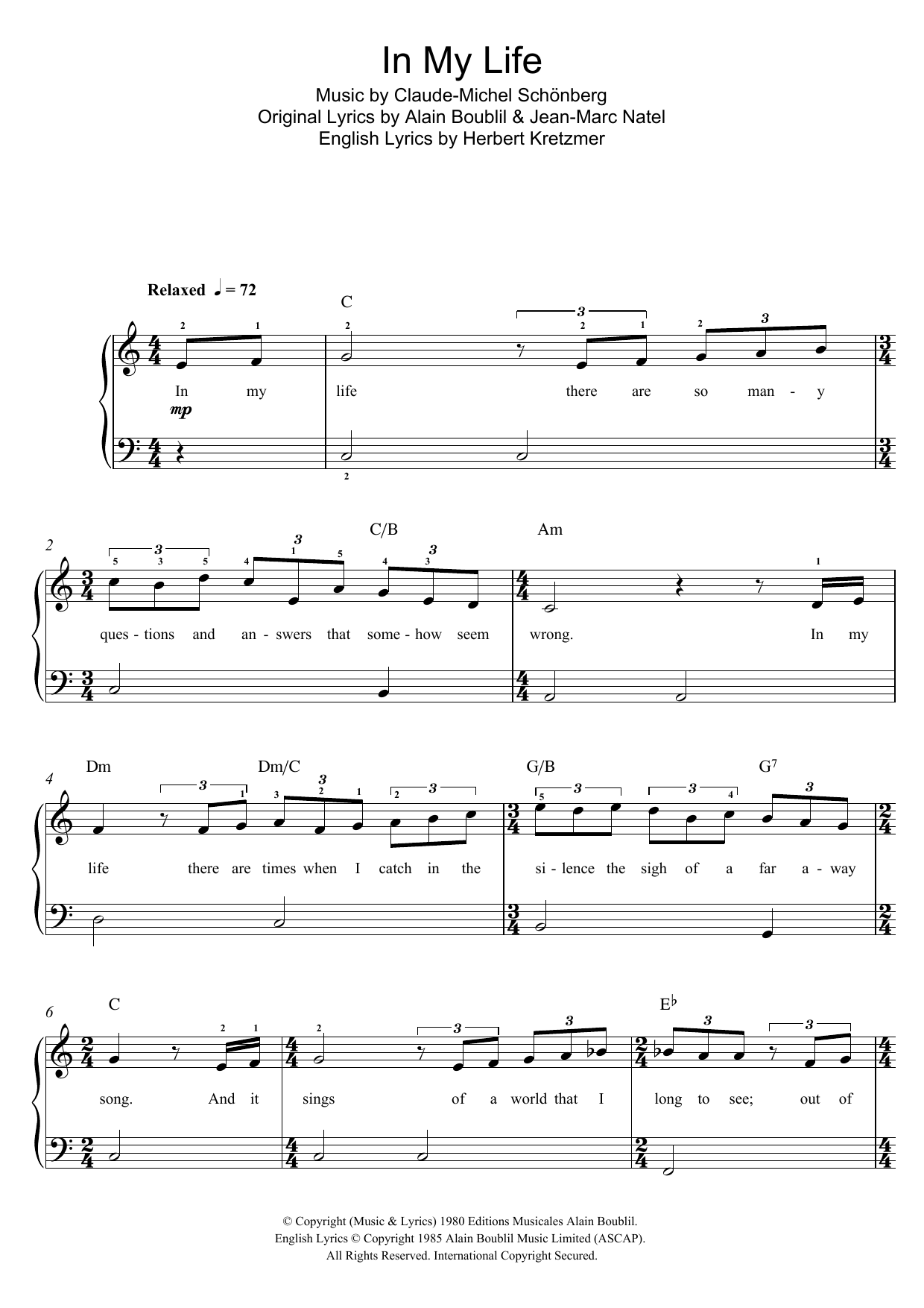 Boublil and Schonberg In My Life (from Les Miserables) sheet music notes and chords arranged for Beginner Piano