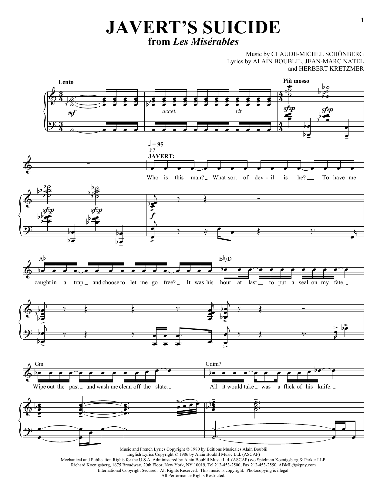 Boublil and Schonberg Javert's Suicide sheet music notes and chords arranged for Piano & Vocal