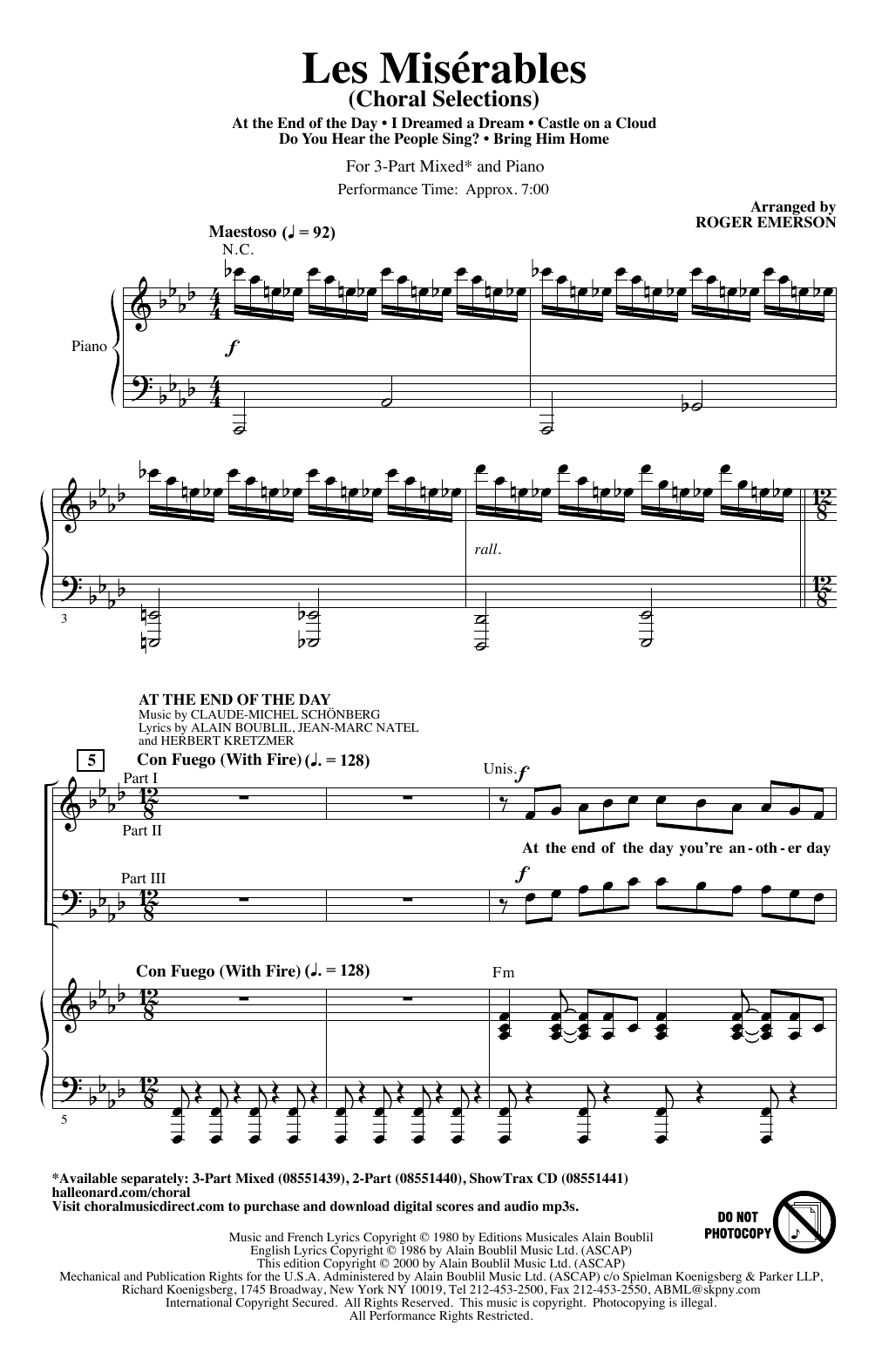 Boublil and Schonberg Les Miserables Choral Selections (arr. Roger Emerson) sheet music notes and chords arranged for 3-Part Mixed Choir