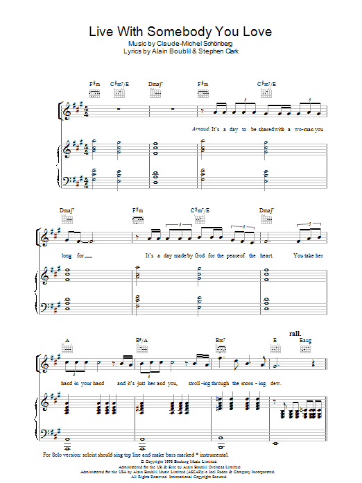 Boublil and Schonberg Live With Somebody You Love (from Martin Guerre) sheet music notes and chords arranged for Piano, Vocal & Guitar Chords (Right-Hand Melody)