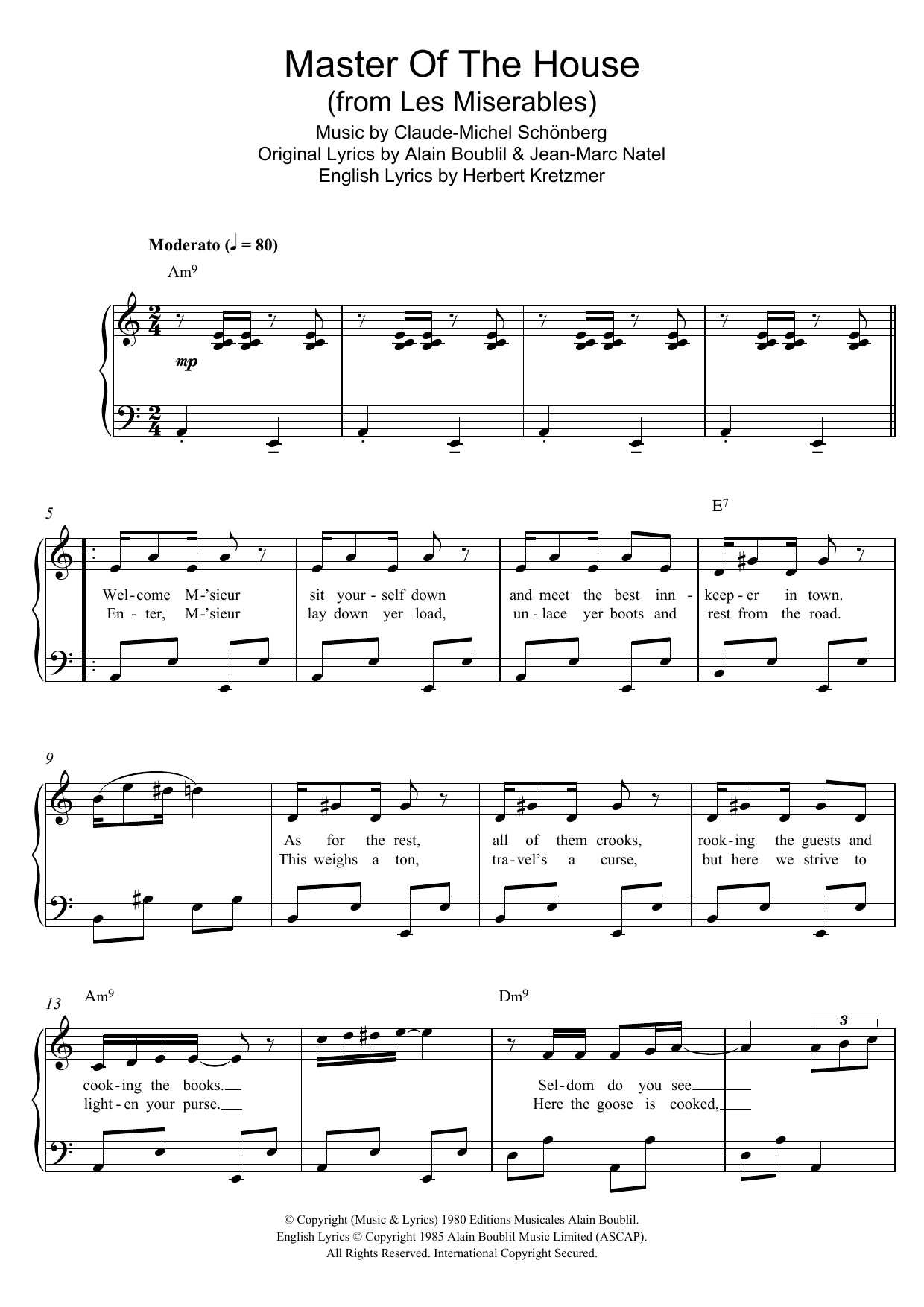 Boublil and Schonberg Master Of The House (from Les Miserables) sheet music notes and chords arranged for Beginner Piano