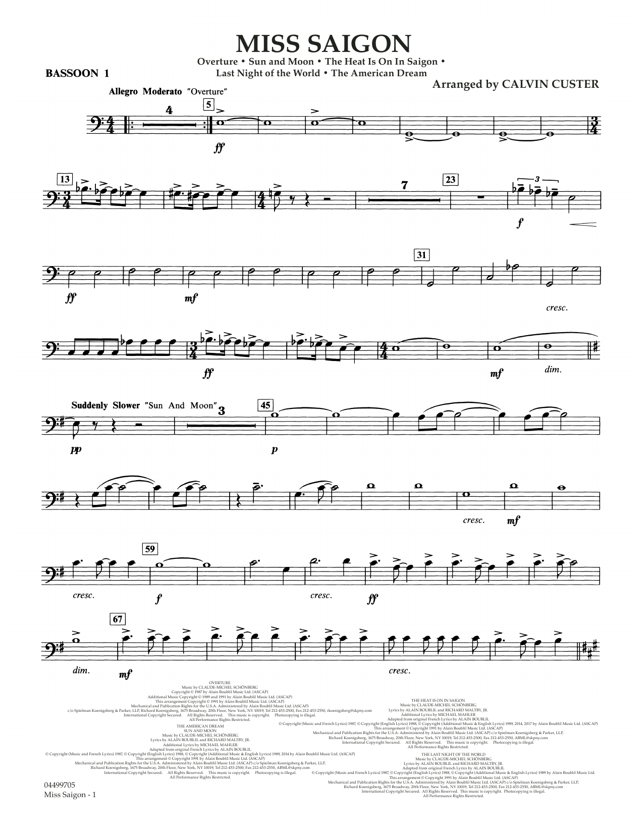 Boublil and Schonberg Miss Saigon (arr. Calvin Custer) - Bassoon 1 sheet music notes and chords arranged for Full Orchestra