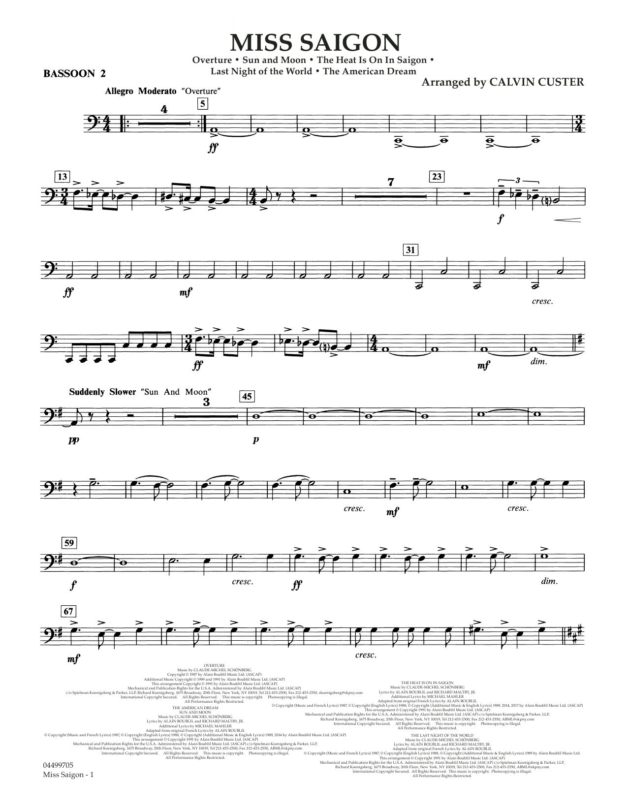 Boublil and Schonberg Miss Saigon (arr. Calvin Custer) - Bassoon 2 sheet music notes and chords arranged for Full Orchestra