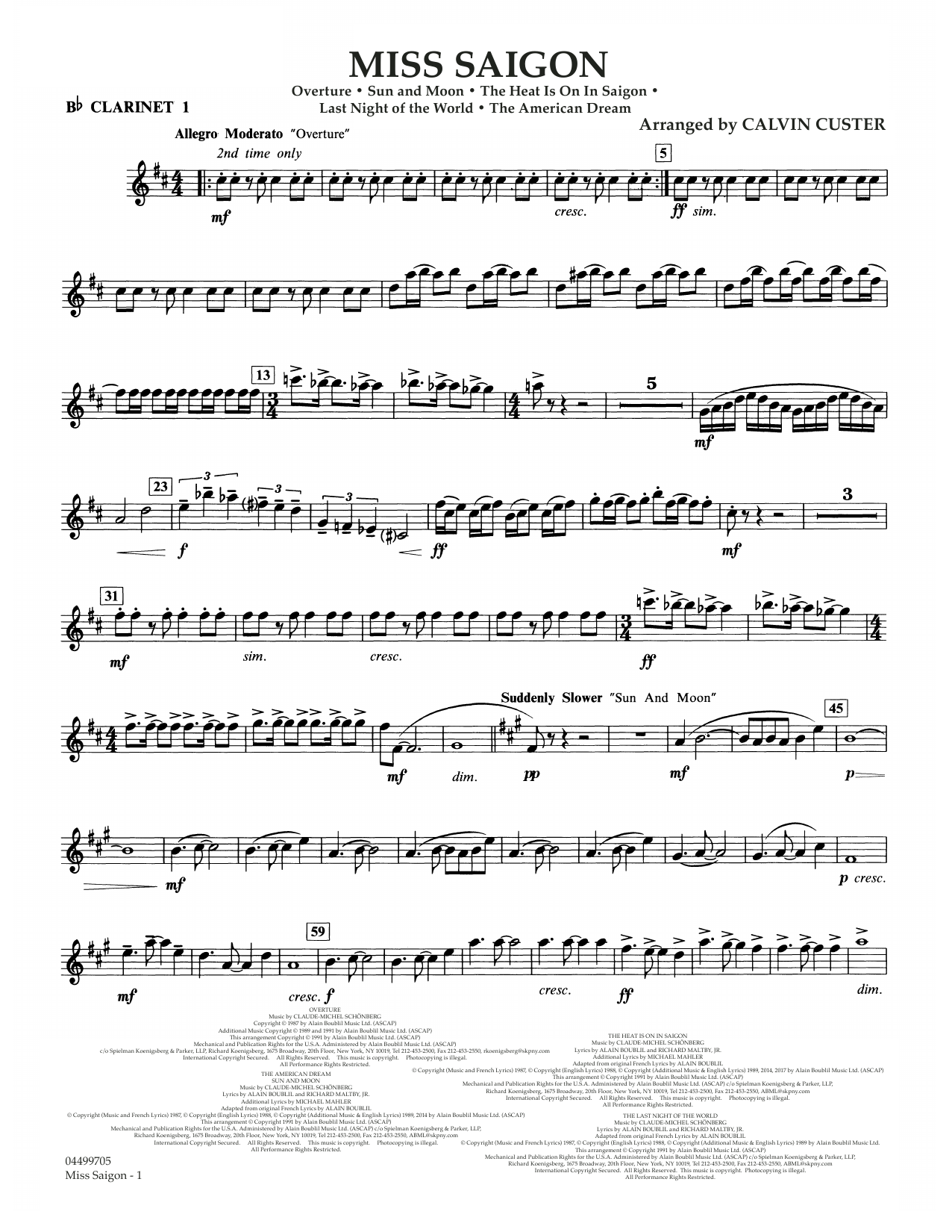 Boublil and Schonberg Miss Saigon (arr. Calvin Custer) - Bb Clarinet 1 sheet music notes and chords arranged for Full Orchestra