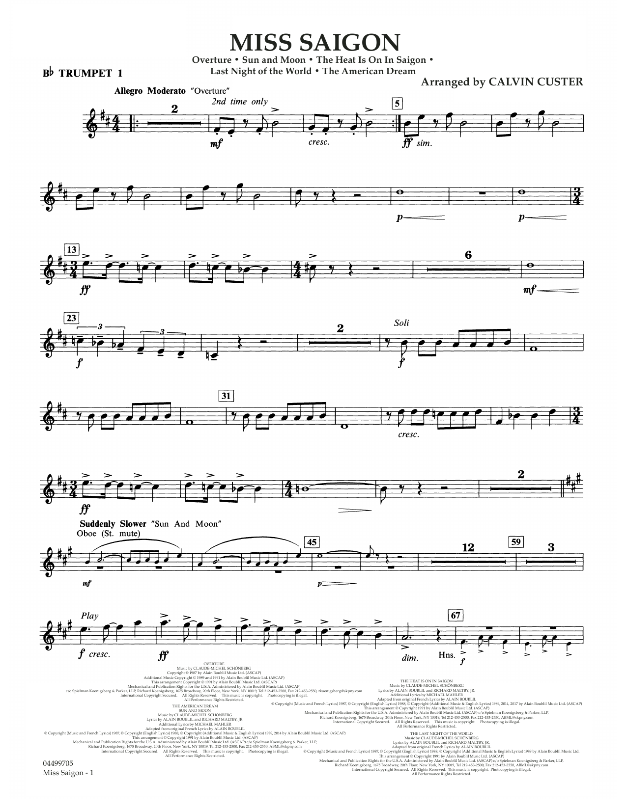 Boublil and Schonberg Miss Saigon (arr. Calvin Custer) - Bb Trumpet 1 sheet music notes and chords arranged for Full Orchestra