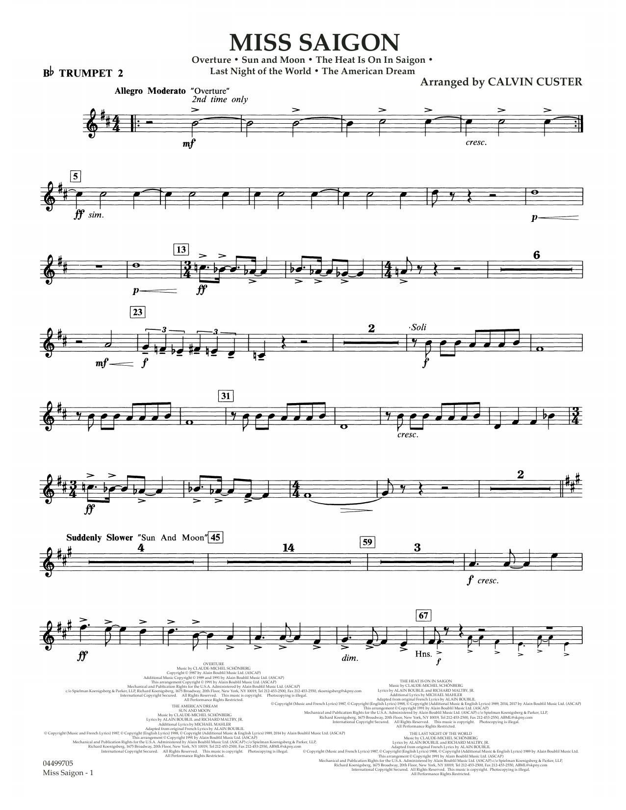 Boublil and Schonberg Miss Saigon (arr. Calvin Custer) - Bb Trumpet 2 sheet music notes and chords arranged for Full Orchestra