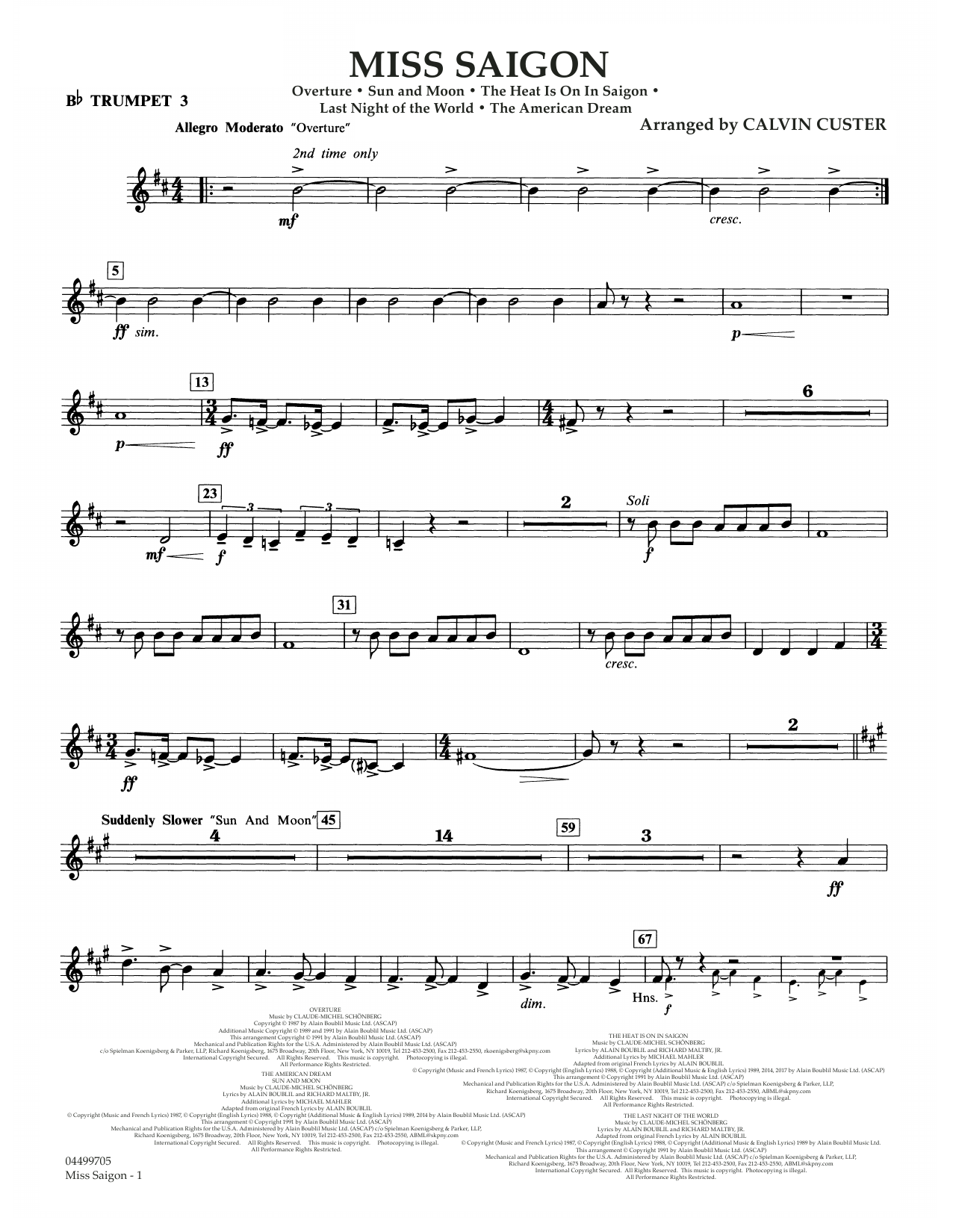 Boublil and Schonberg Miss Saigon (arr. Calvin Custer) - Bb Trumpet 3 sheet music notes and chords arranged for Full Orchestra
