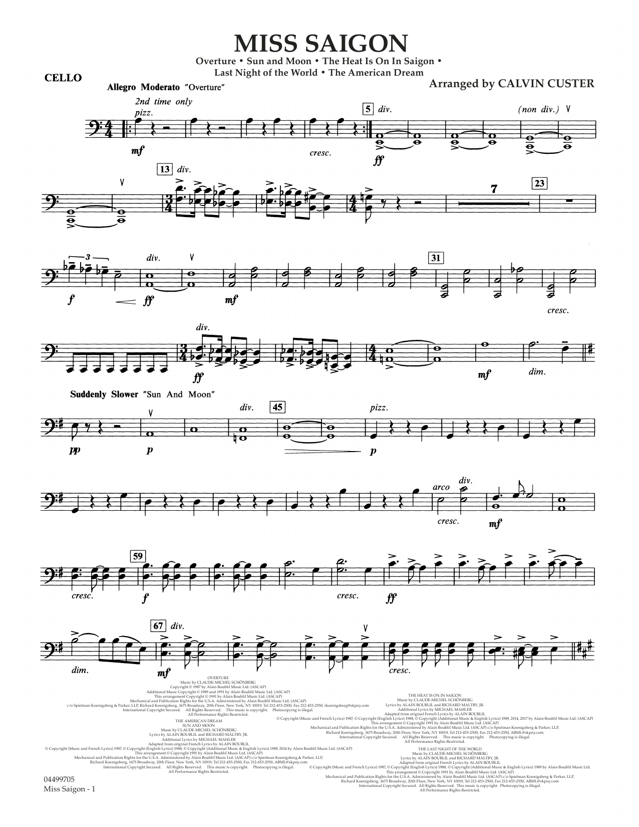 Boublil and Schonberg Miss Saigon (arr. Calvin Custer) - Cello sheet music notes and chords arranged for Full Orchestra