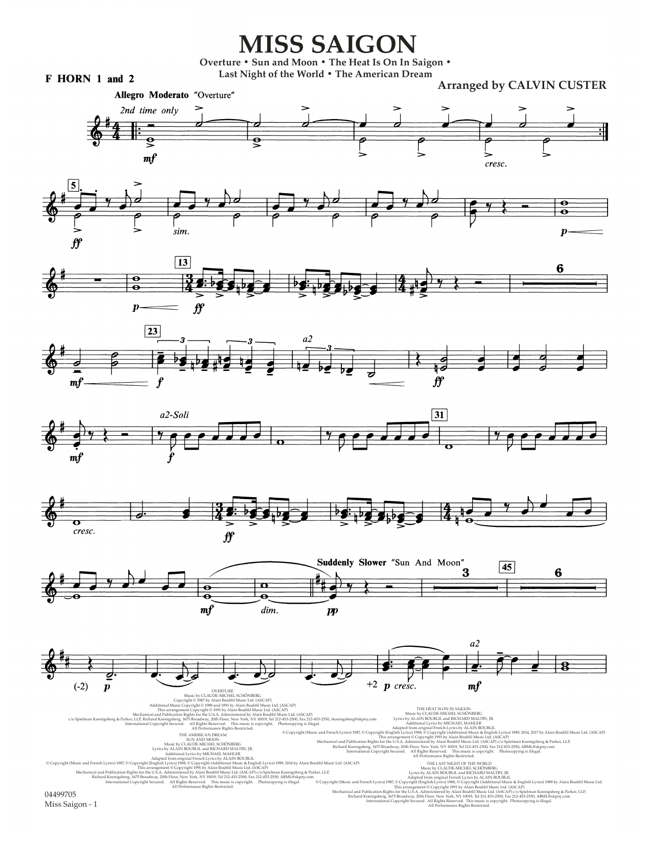 Boublil and Schonberg Miss Saigon (arr. Calvin Custer) - F Horn 1 & 2 sheet music notes and chords arranged for Full Orchestra
