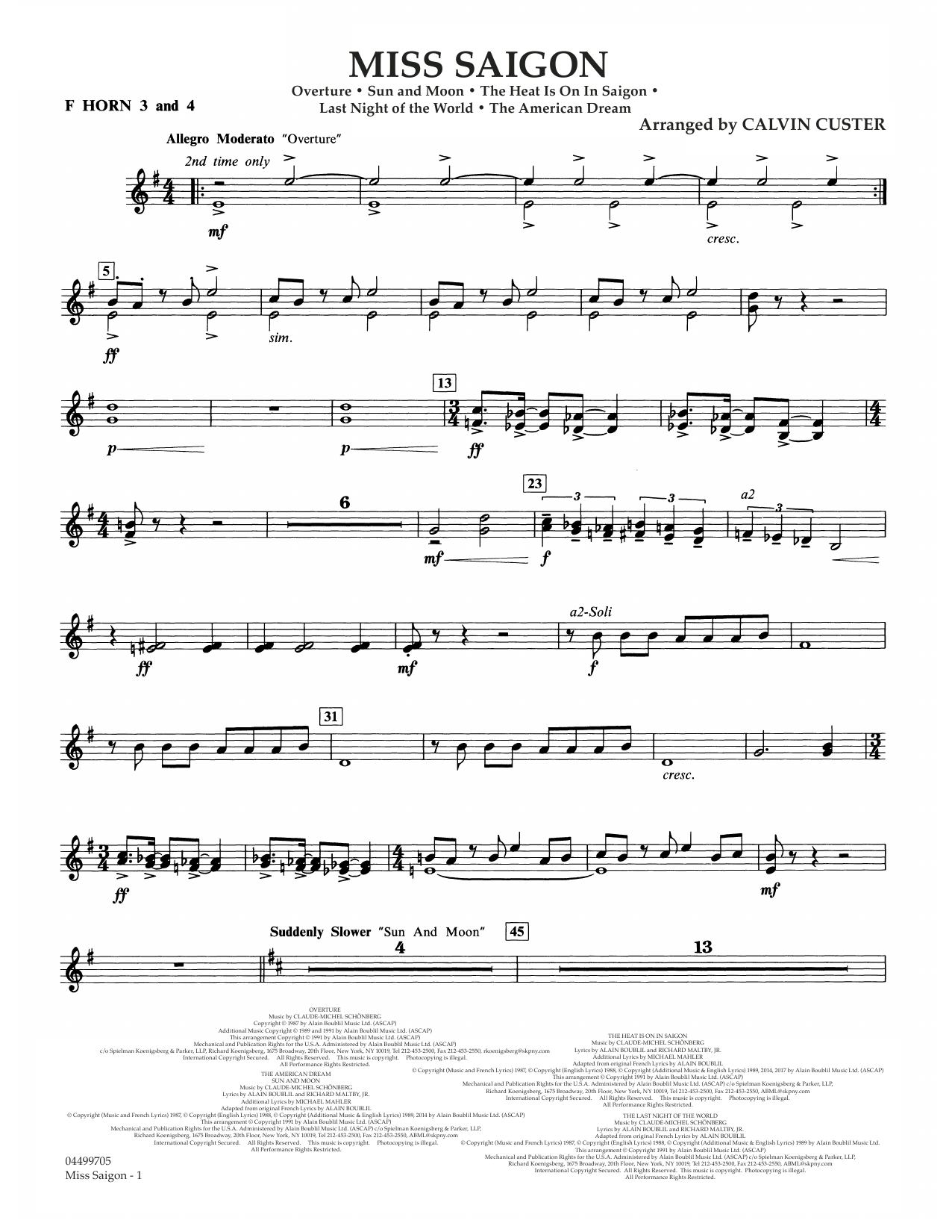 Boublil and Schonberg Miss Saigon (arr. Calvin Custer) - F Horn 3 & 4 sheet music notes and chords arranged for Full Orchestra