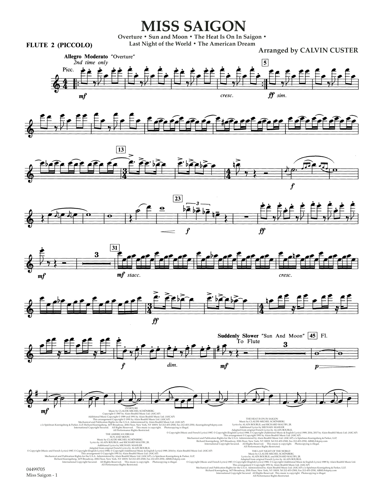 Boublil and Schonberg Miss Saigon (arr. Calvin Custer) - Flute 2 (Piccolo) sheet music notes and chords arranged for Full Orchestra