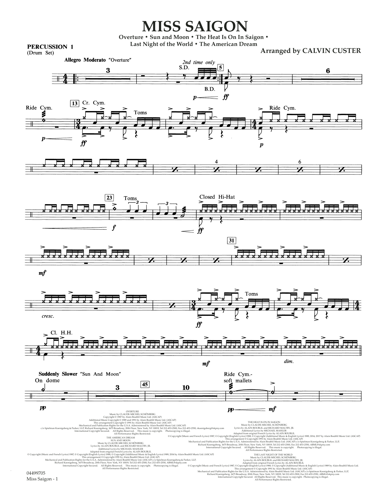 Boublil and Schonberg Miss Saigon (arr. Calvin Custer) - Percussion 1 sheet music notes and chords arranged for Full Orchestra