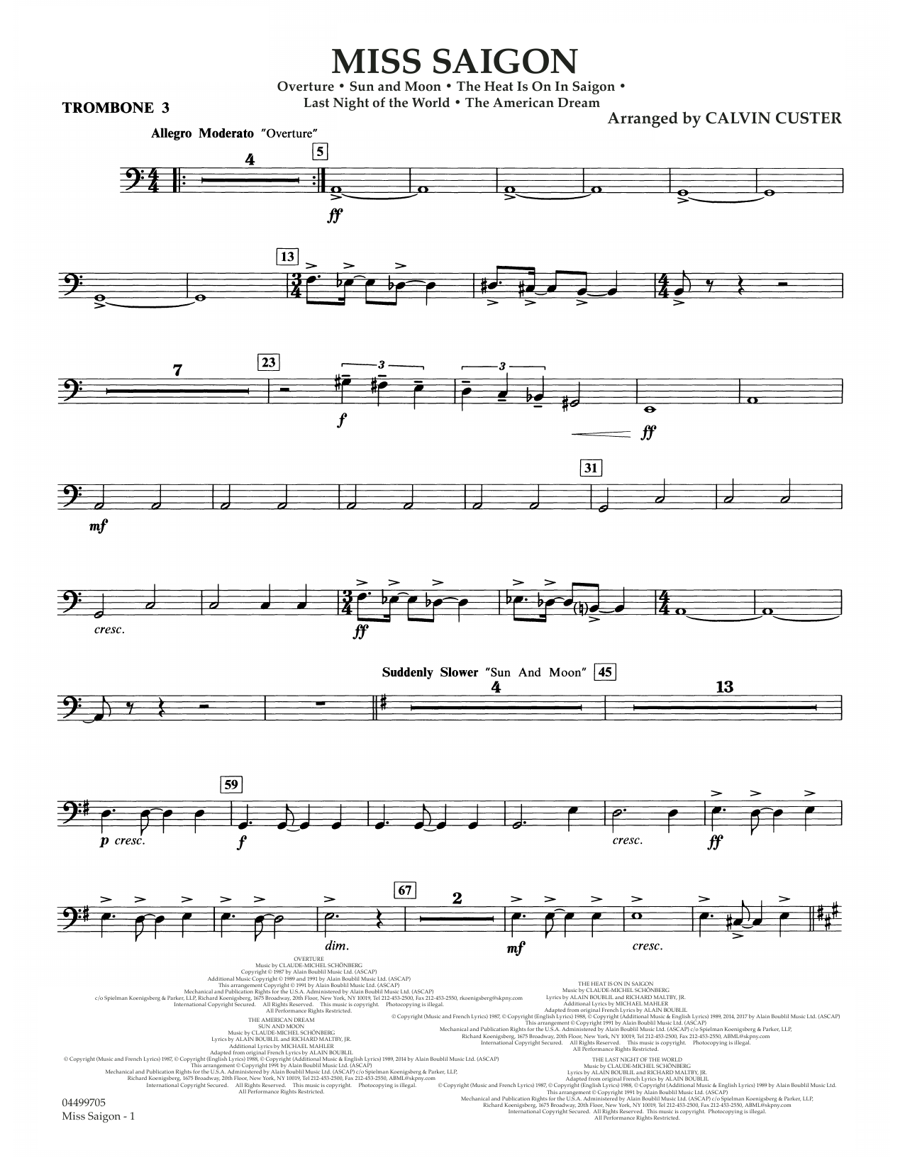 Boublil and Schonberg Miss Saigon (arr. Calvin Custer) - Trombone 3 sheet music notes and chords arranged for Full Orchestra