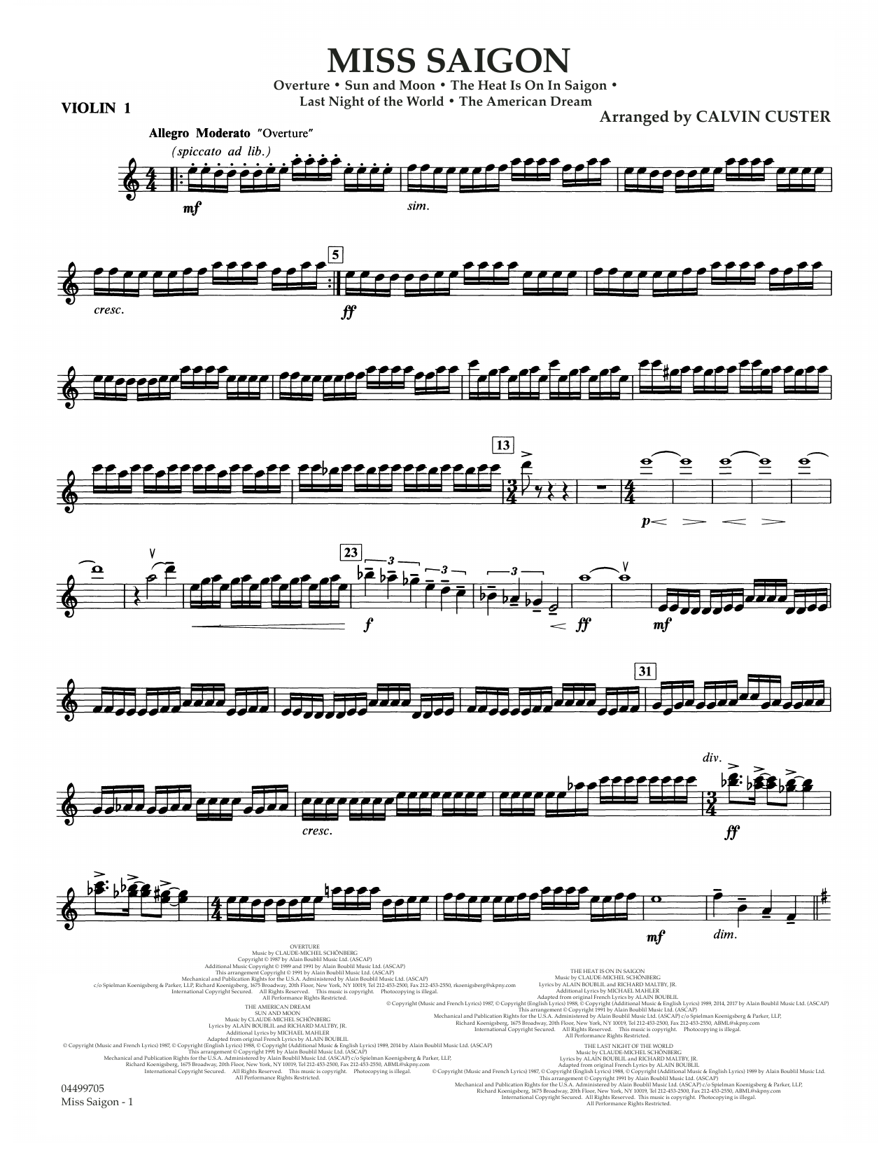 Boublil and Schonberg Miss Saigon (arr. Calvin Custer) - Violin 1 sheet music notes and chords arranged for Full Orchestra