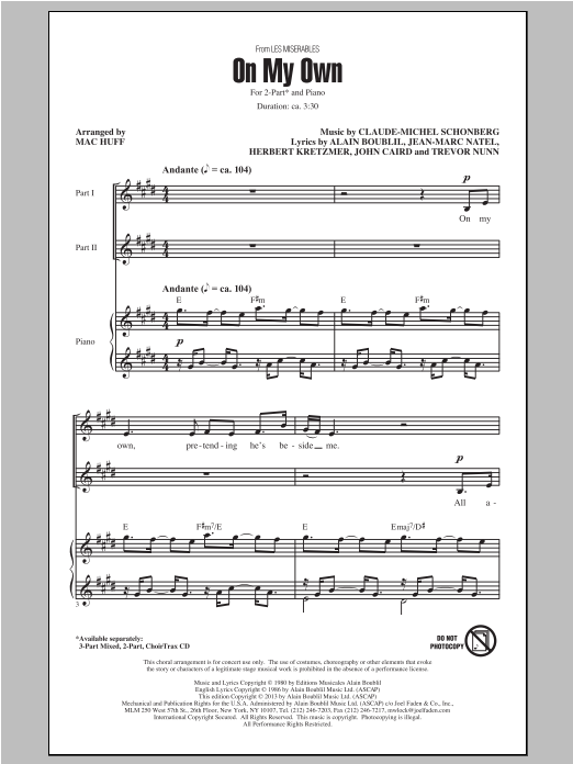 Boublil and Schonberg On My Own (from Les Miserables) (arr. Mac Huff) sheet music notes and chords arranged for 2-Part Choir