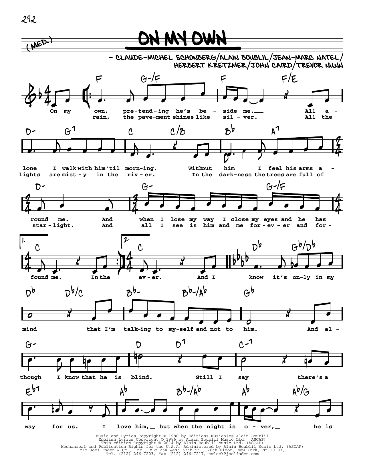 Boublil and Schonberg On My Own (from Les Miserables) (High Voice) sheet music notes and chords arranged for Real Book – Melody, Lyrics & Chords