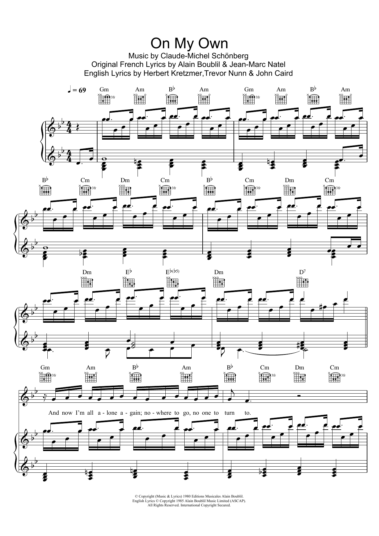 Boublil and Schonberg On My Own (from Les Miserables) sheet music notes and chords arranged for Piano & Vocal