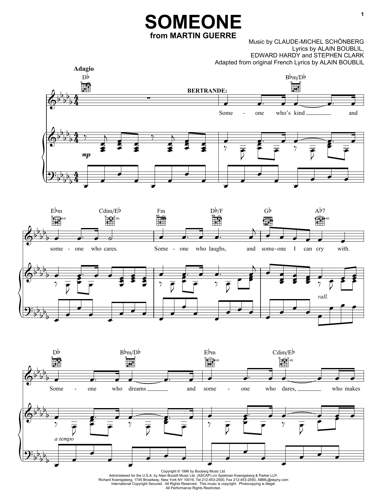 Boublil and Schonberg Someone (from Martin Guerre) sheet music notes and chords arranged for Piano, Vocal & Guitar Chords (Right-Hand Melody)