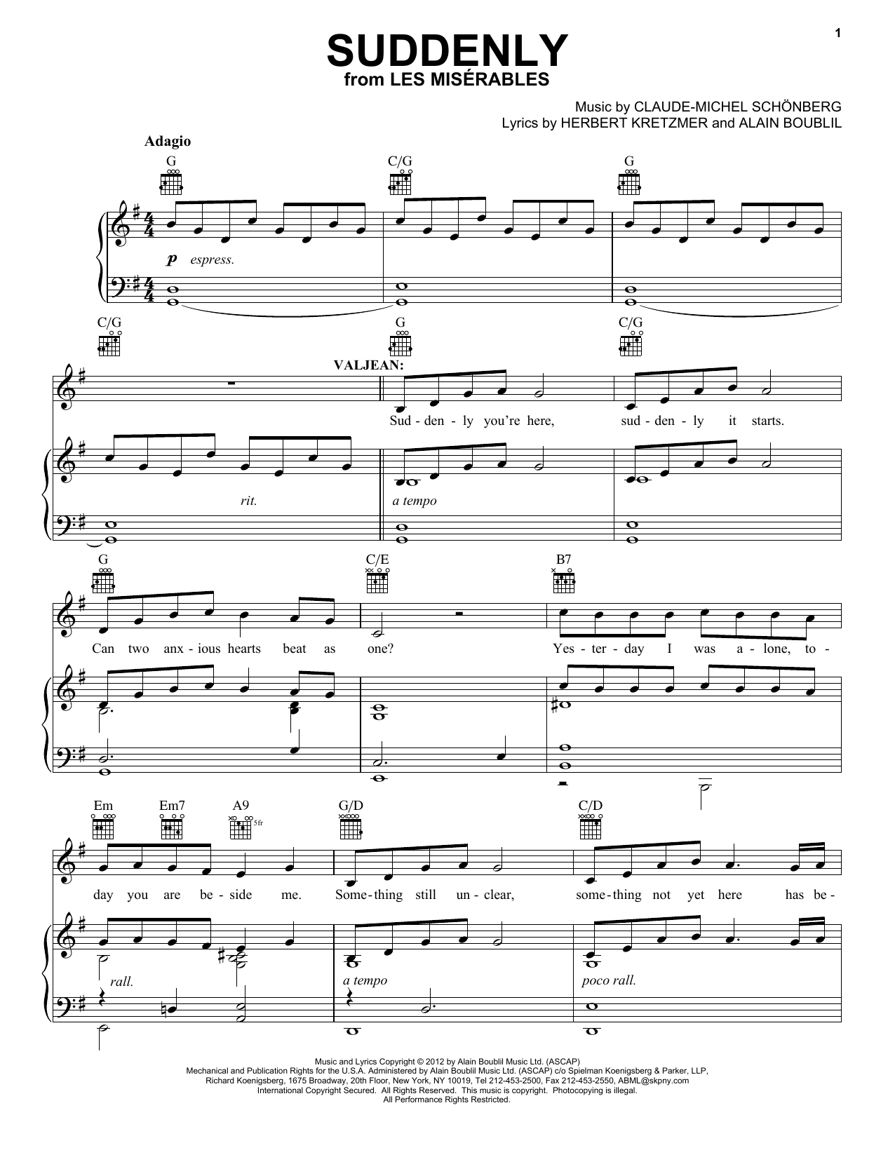 Boublil and Schonberg Suddenly (from Les Miserables) sheet music notes and chords arranged for Really Easy Piano