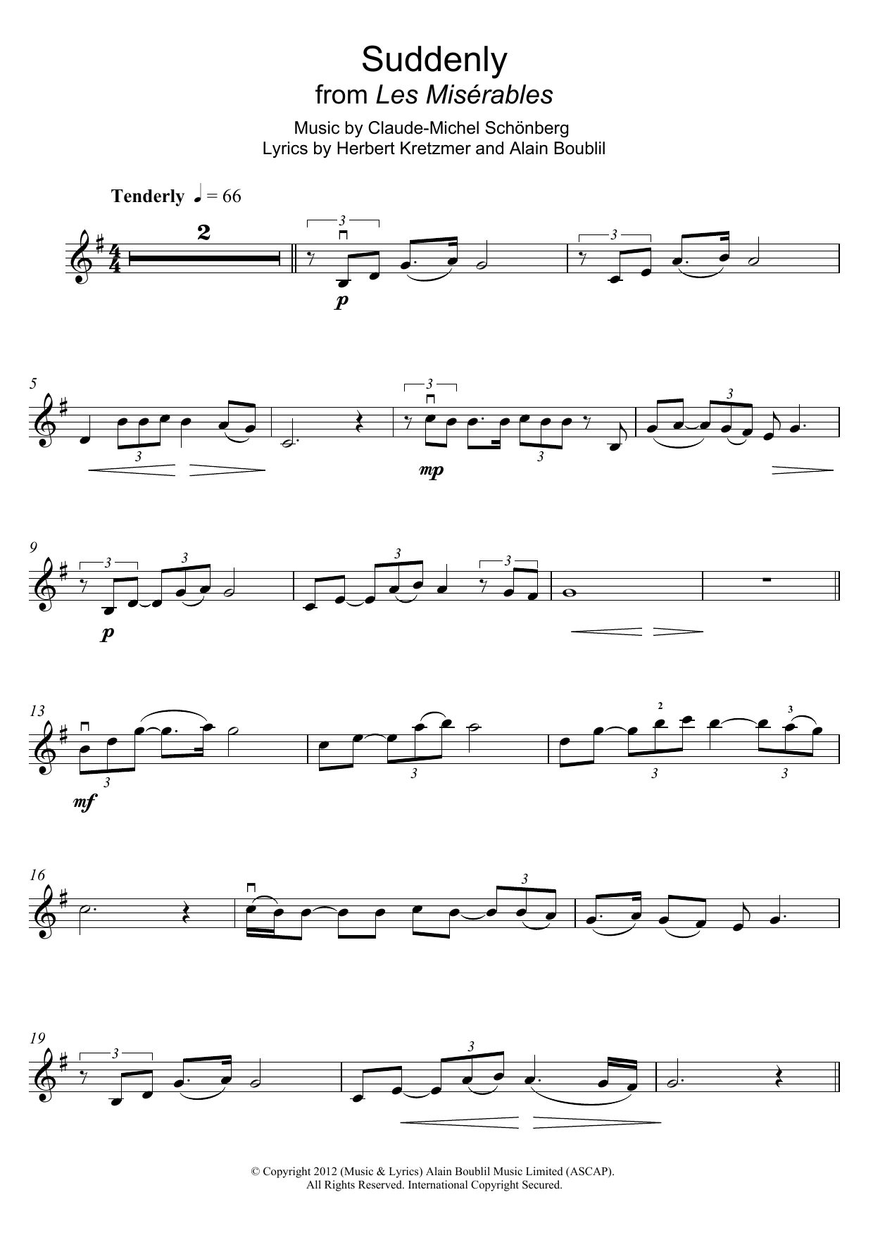 Boublil and Schonberg Suddenly (from Les Miserables The Movie) sheet music notes and chords arranged for Violin Solo