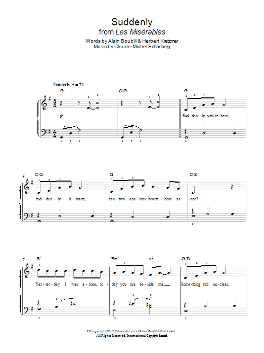 Boublil and Schonberg Suddenly (from Les Miserables The Movie) sheet music notes and chords arranged for Easy Piano
