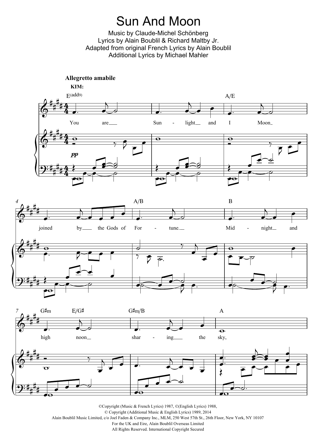 Boublil and Schonberg Sun And Moon sheet music notes and chords arranged for Piano & Vocal