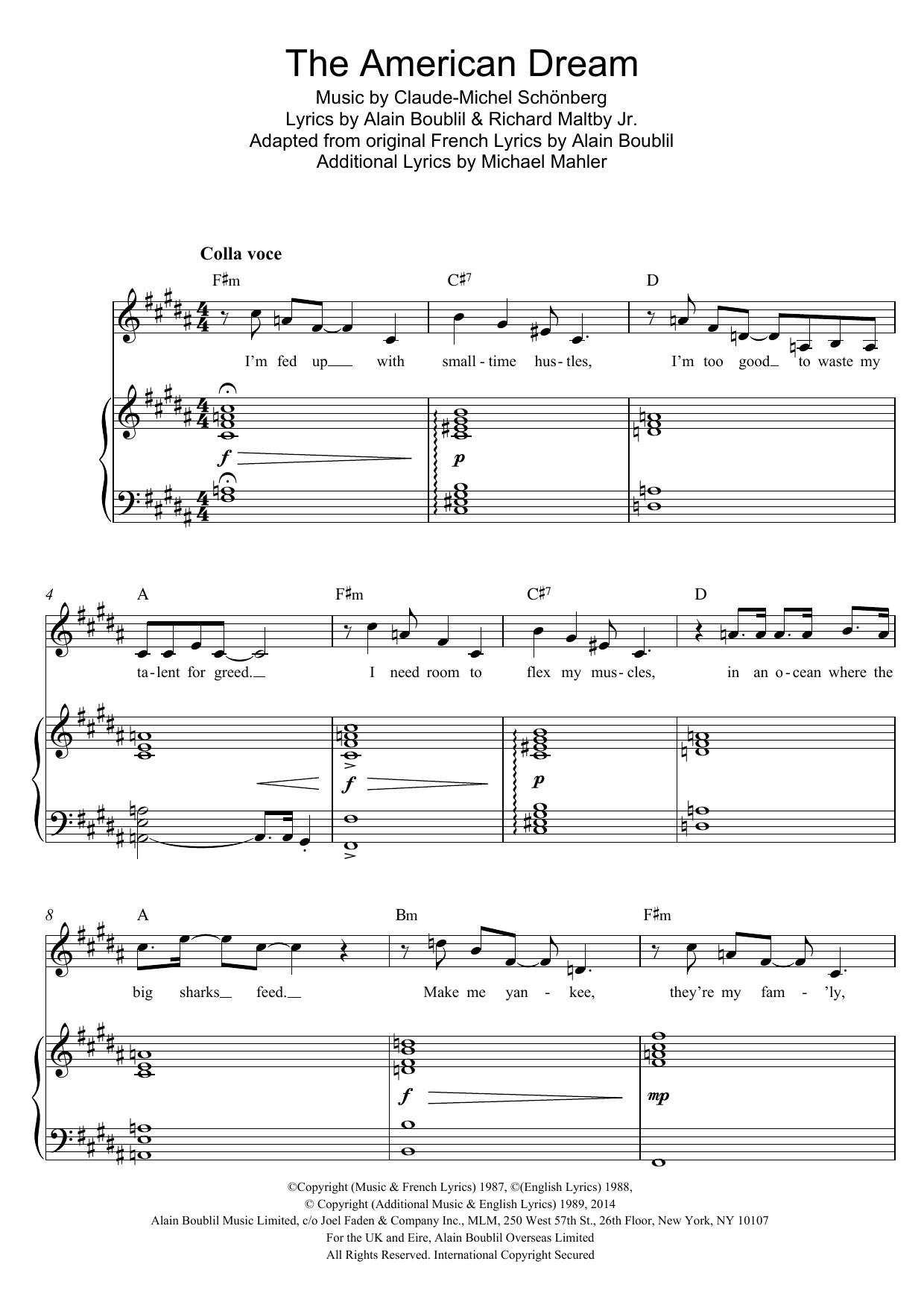 Boublil and Schonberg The American Dream (from Miss Saigon) sheet music notes and chords arranged for Piano & Vocal
