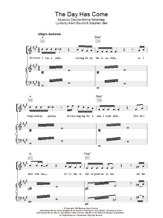 Boublil and Schonberg The Day Has Come (from Martin Guerre) sheet music notes and chords arranged for Piano, Vocal & Guitar Chords