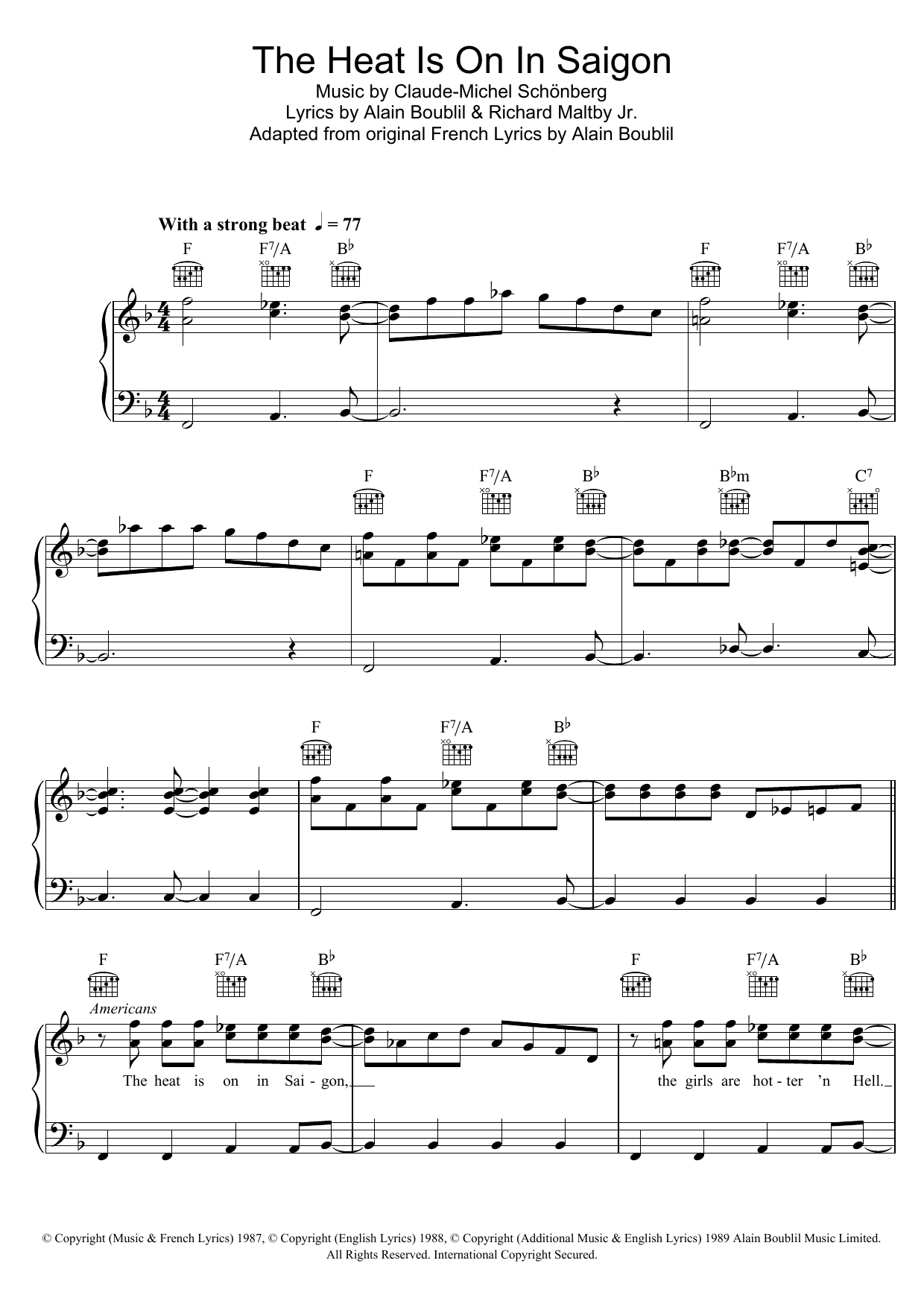 Boublil and Schonberg The Heat Is On In Saigon sheet music notes and chords arranged for Piano, Vocal & Guitar Chords