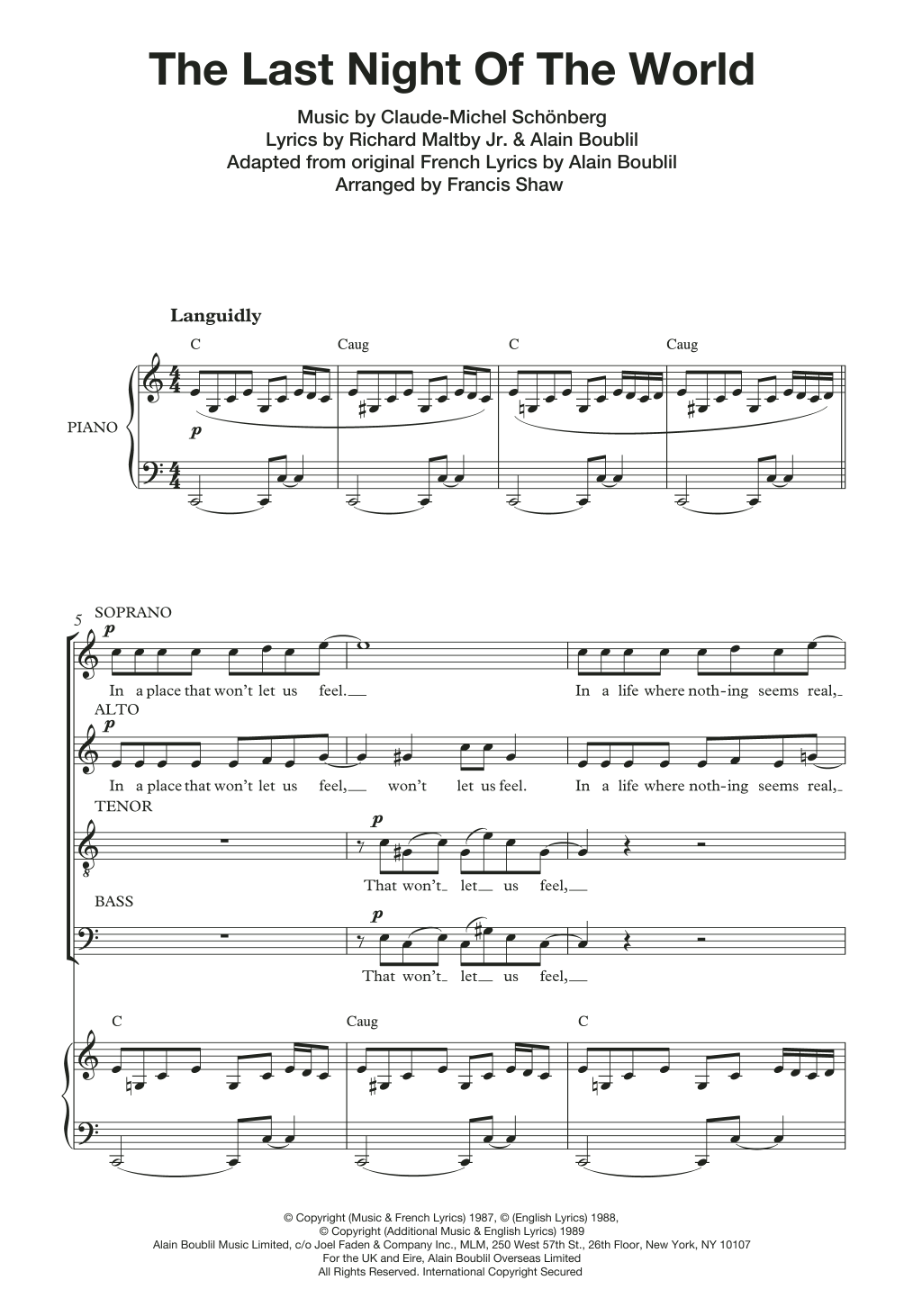 Boublil and Schonberg The Last Night Of The World (from Miss Saigon) (arr. Francis Shaw) sheet music notes and chords arranged for SATB Choir