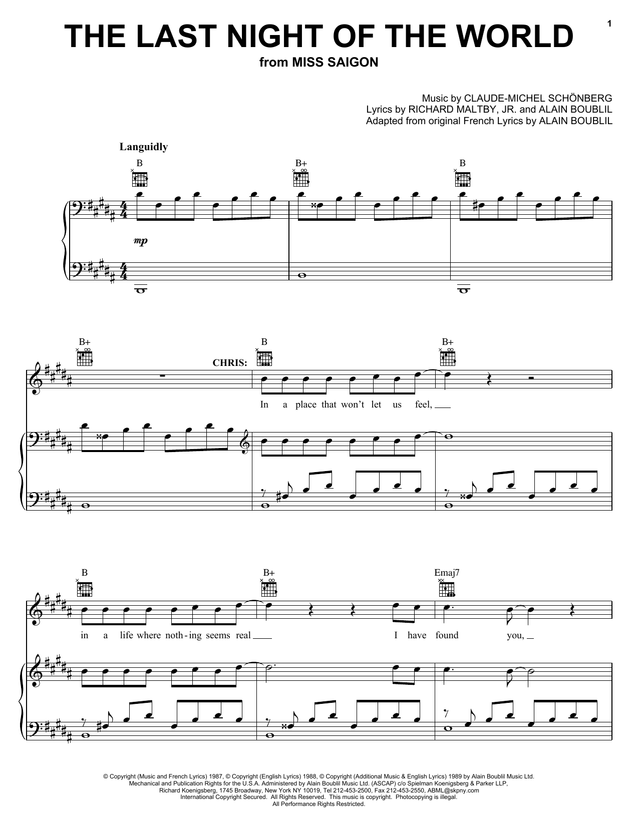 Boublil and Schonberg The Last Night Of The World (from Miss Saigon) sheet music notes and chords arranged for Alto Sax Solo